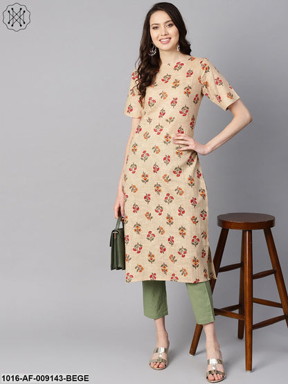 Beige Floral PrintedBoat Neck Half Sleeve Straight Kurta With Solid Pants.