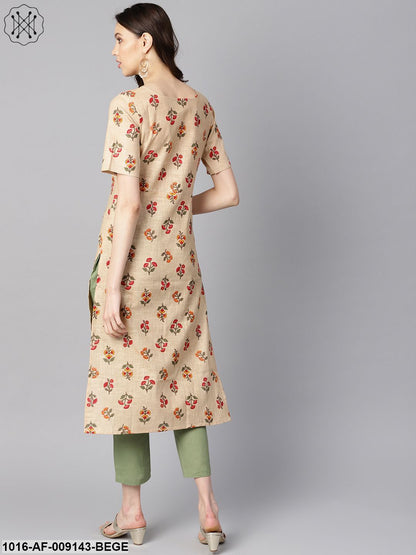 Beige Floral PrintedBoat Neck Half Sleeve Straight Kurta With Solid Pants.