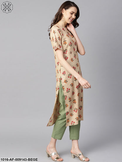Beige Floral PrintedBoat Neck Half Sleeve Straight Kurta With Solid Pants.