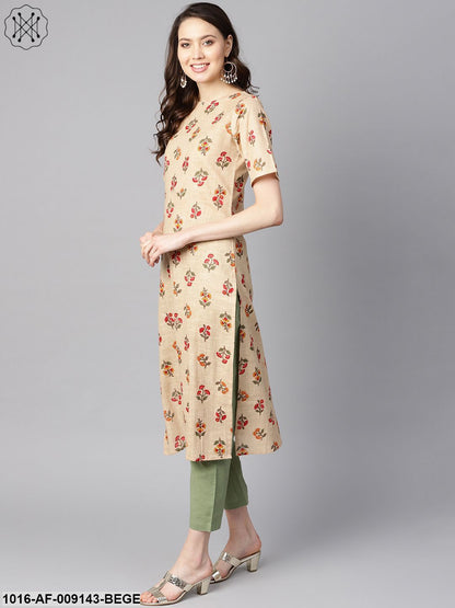 Beige Floral PrintedBoat Neck Half Sleeve Straight Kurta With Solid Pants.