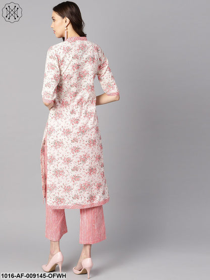 Off-White Floral Printed Straight Kurta With Stripped Yoke And Cigratte Pants.