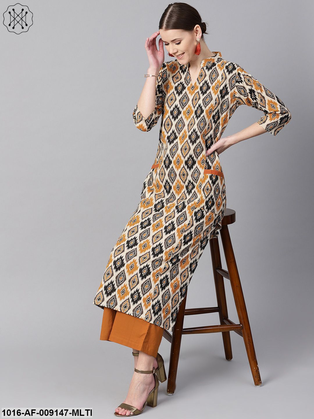Brown Printed Half Sleeve With Pocket Details Kurta Set With Solid Brown Pants