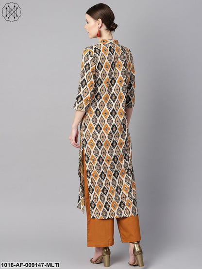 Brown Printed Half Sleeve With Pocket Details Kurta Set With Solid Brown Pants