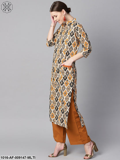 Brown Printed Half Sleeve With Pocket Details Kurta Set With Solid Brown Pants