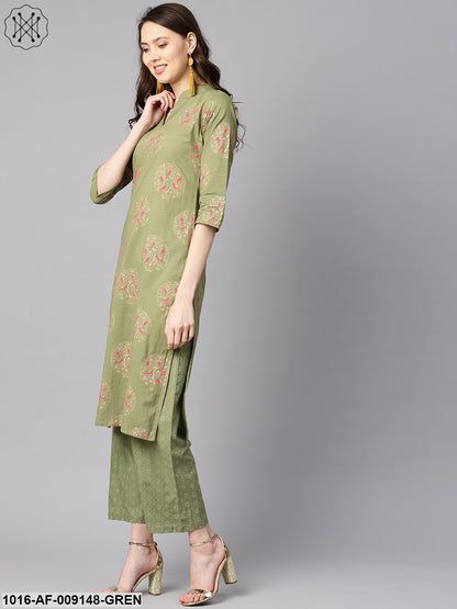 Pista Green Floral Printed 3/4Th Sleeve Kurta With Pista Green Printed Pants.