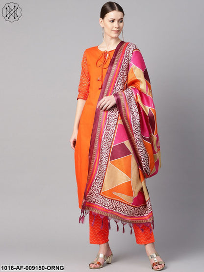 Solid Orange Kurta With Pants & Multi Coloured Dupatta