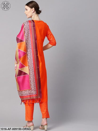 Solid Orange Kurta With Pants & Multi Coloured Dupatta