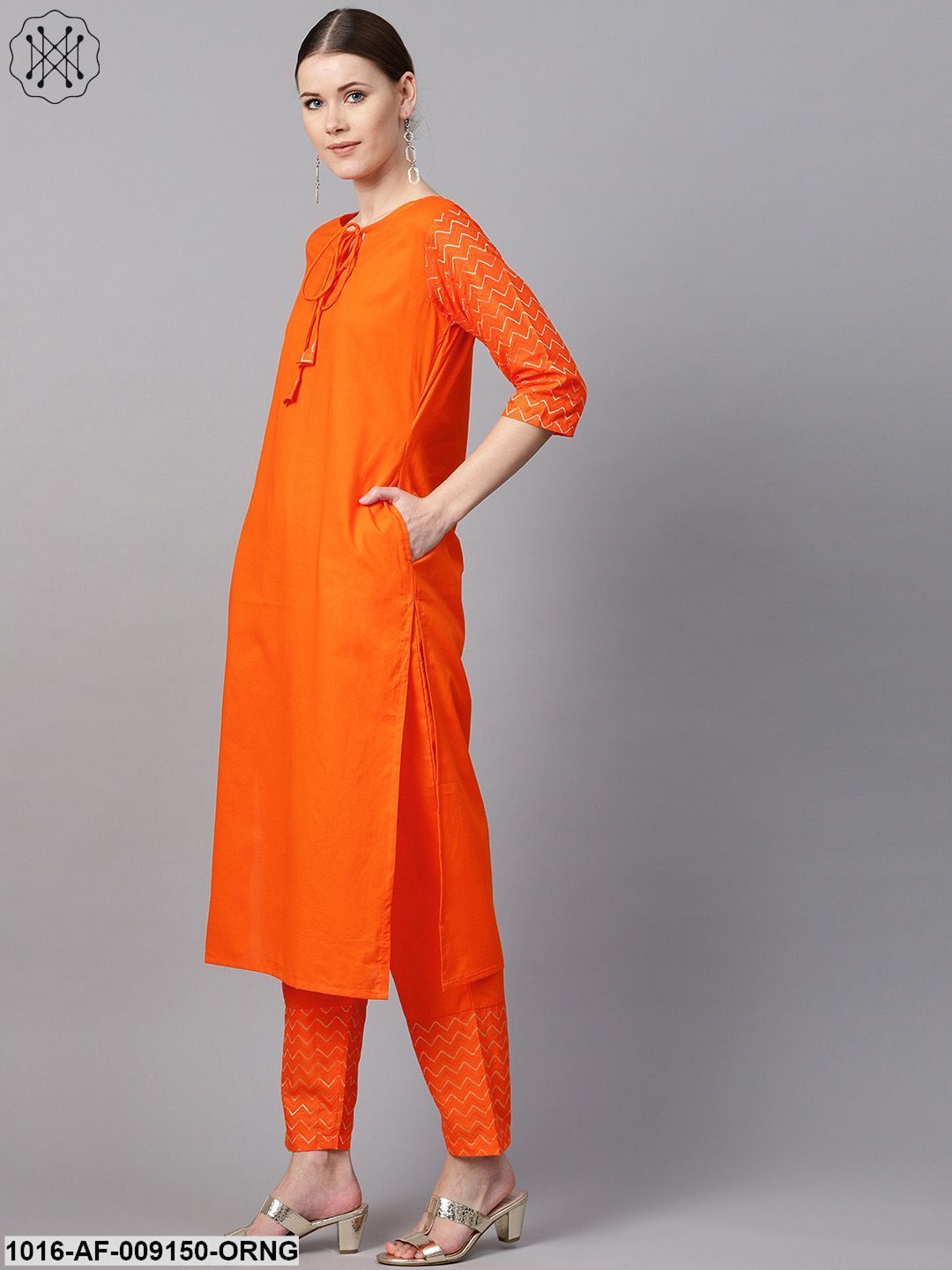 Solid Orange Kurta With Pants & Multi Coloured Dupatta