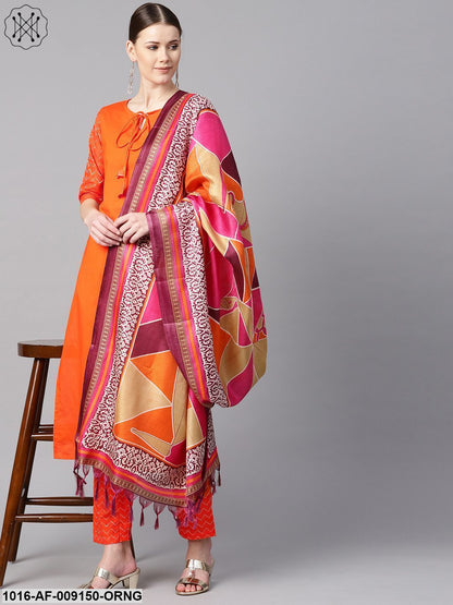 Solid Orange Kurta With Pants & Multi Coloured Dupatta