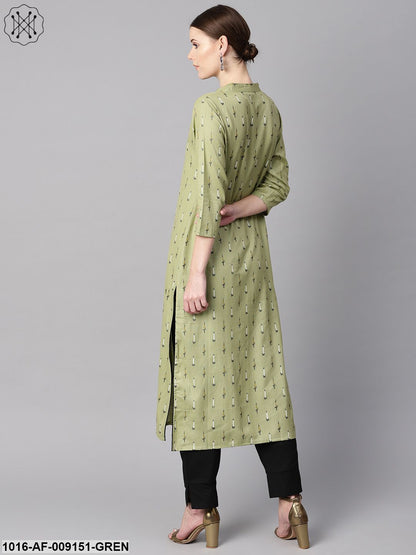 Green Ikat Printed 3/4Th Sleeve Kurta With Solid Black Pants