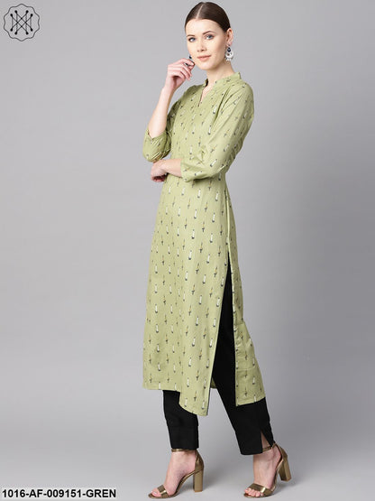 Green Ikat Printed 3/4Th Sleeve Kurta With Solid Black Pants