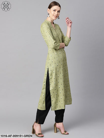 Green Ikat Printed 3/4Th Sleeve Kurta With Solid Black Pants
