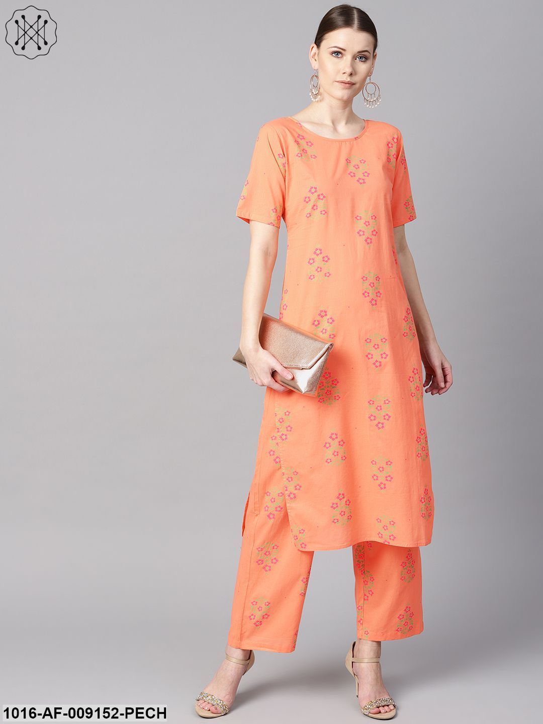 Peach Floral Sort Printed Kurta Set With Printed Pants