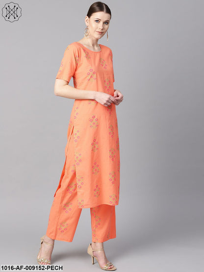 Peach Floral Sort Printed Kurta Set With Printed Pants
