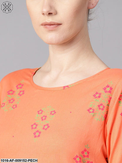 Peach Floral Sort Printed Kurta Set With Printed Pants