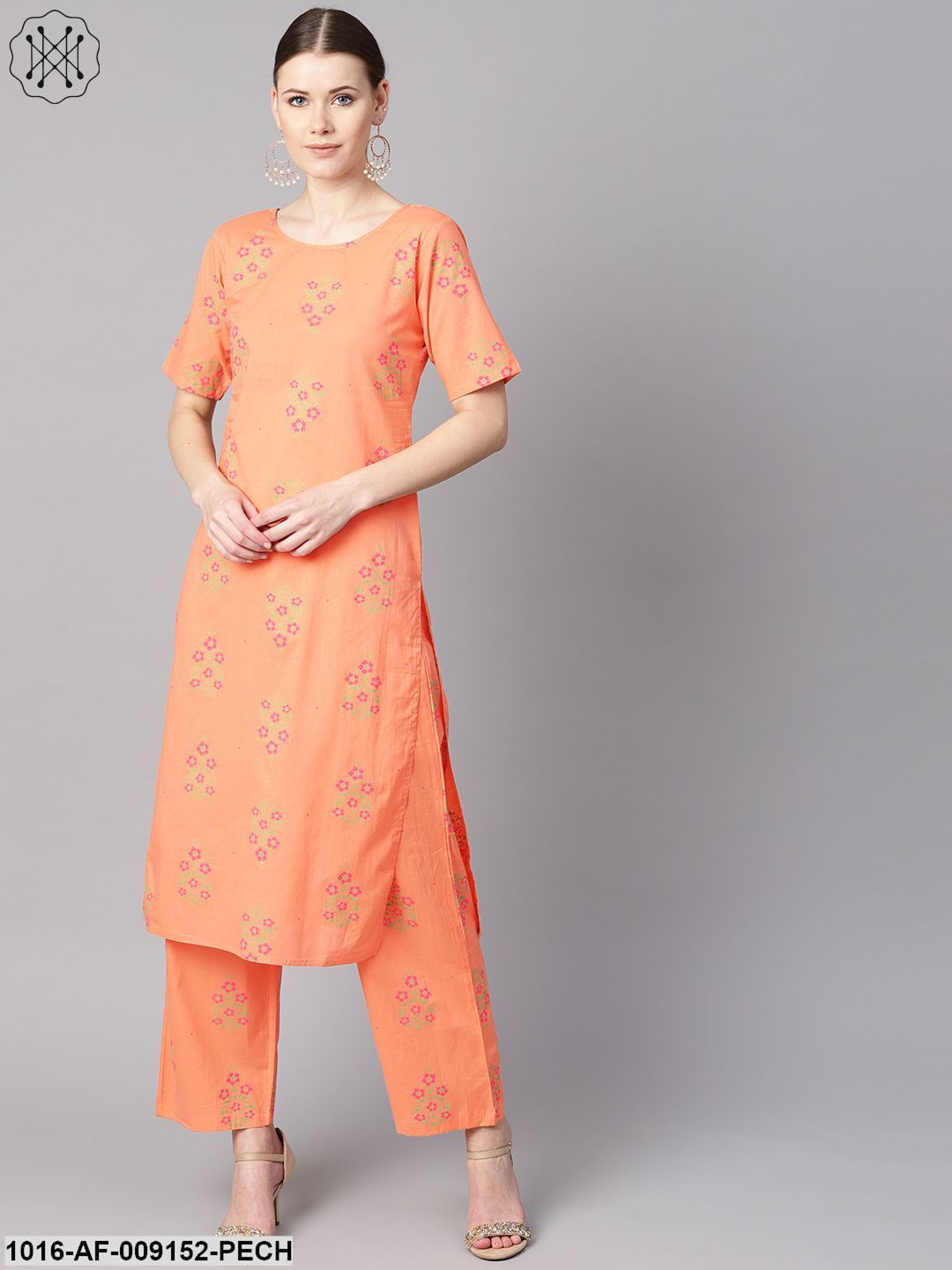Peach Floral Sort Printed Kurta Set With Printed Pants