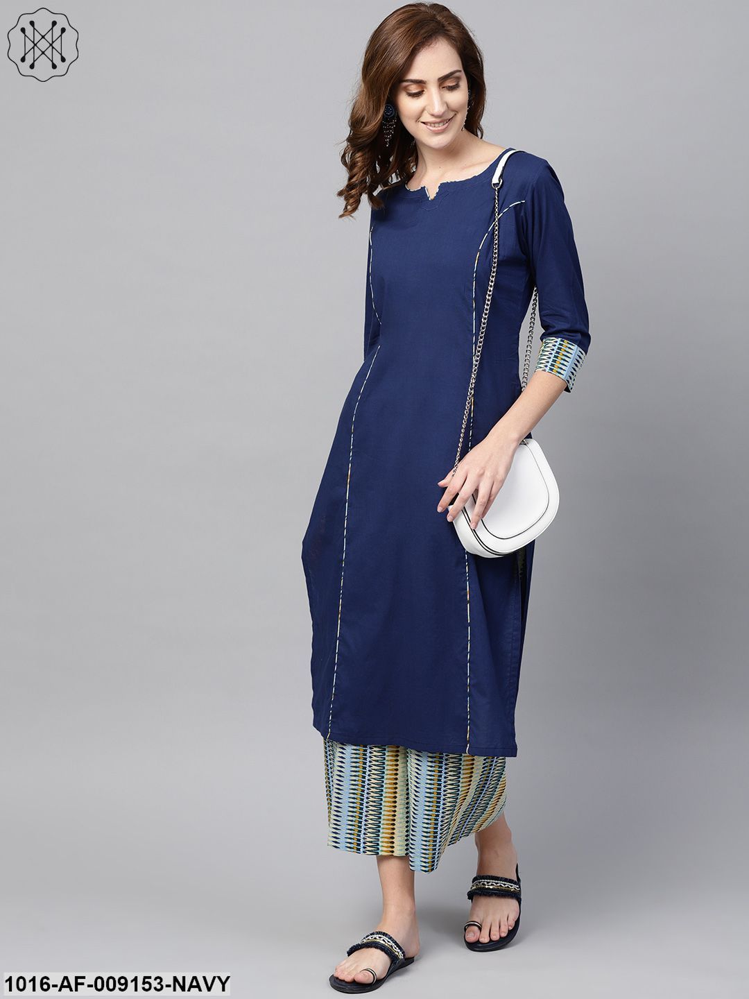 Navy Blue Kurta Set With Cream Multi Colored Culottes