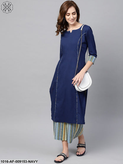 Navy Blue Kurta Set With Cream Multi Colored Culottes
