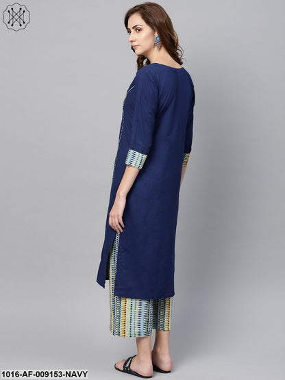 Navy Blue Kurta Set With Cream Multi Colored Culottes