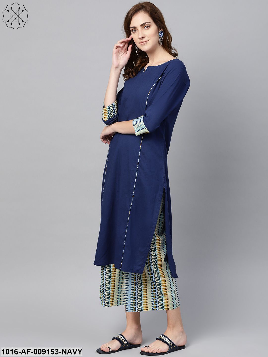 Navy Blue Kurta Set With Cream Multi Colored Culottes