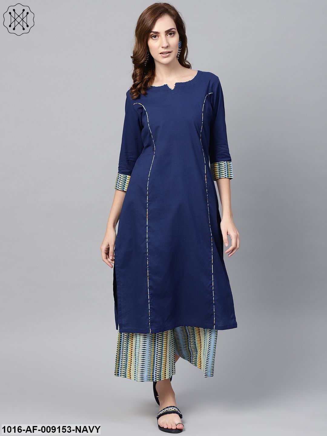 Navy Blue Kurta Set With Cream Multi Colored Culottes