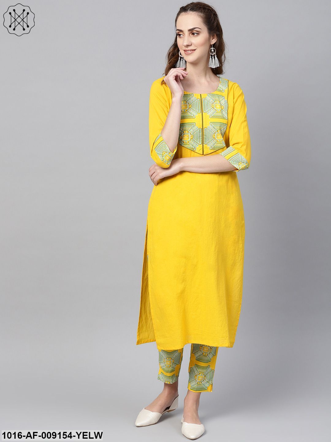 Solid Yellow Kurta Set With Front Printed Yoke & Printed Pants
