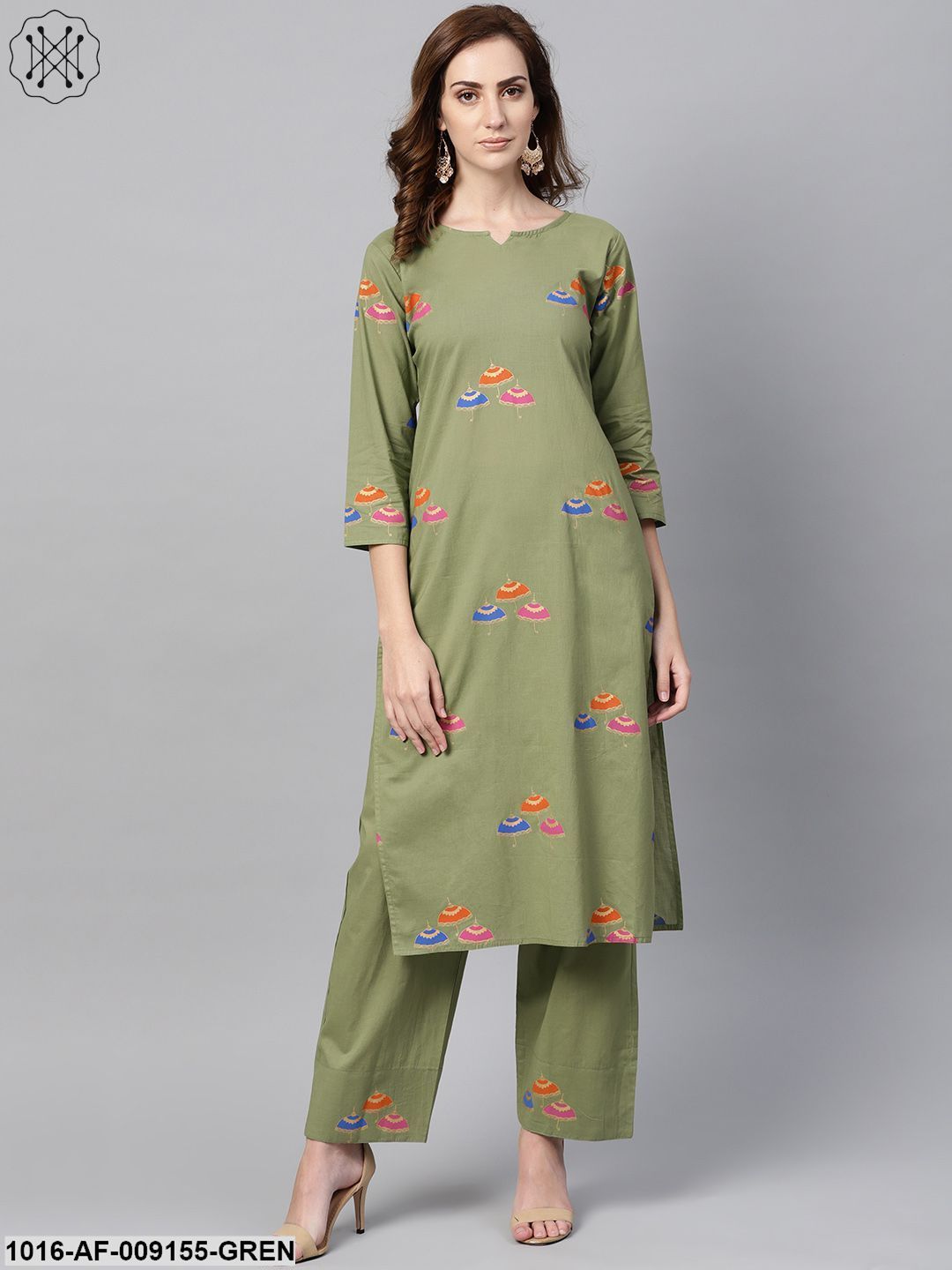 Pistachio Green 3/4Th Sleeve Printed Kurta Set With Ankle Length Printed Pants