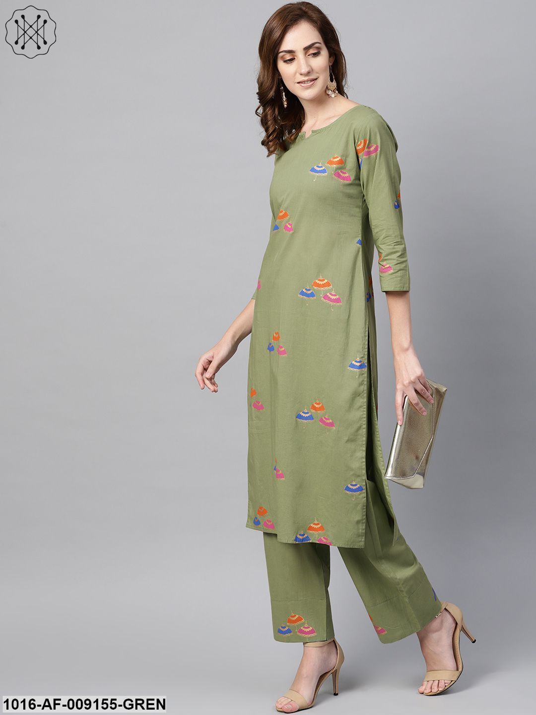 Pistachio Green 3/4Th Sleeve Printed Kurta Set With Ankle Length Printed Pants