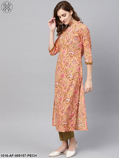 Peach Floral Printed Kurta With Solid Olive Green Pants