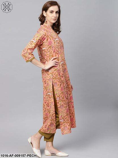 Peach Floral Printed Kurta With Solid Olive Green Pants