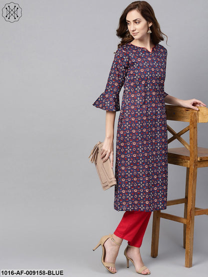 Indigo Blue Multi Colored Printed Kurta Set With Solid Red Pants