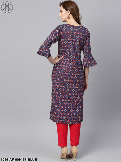 Indigo Blue Multi Colored Printed Kurta Set With Solid Red Pants