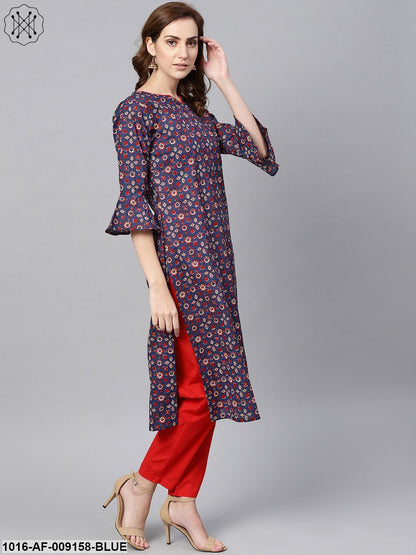 Indigo Blue Multi Colored Printed Kurta Set With Solid Red Pants