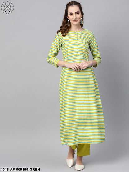 Green Stripped 3/4Th Sleeve Kurta Set With Solid Pants
