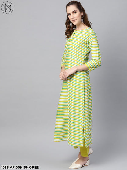 Green Stripped 3/4Th Sleeve Kurta Set With Solid Pants