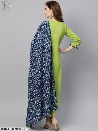 Lime Green Kurta Set With Pants & Mul Printed Dupatta