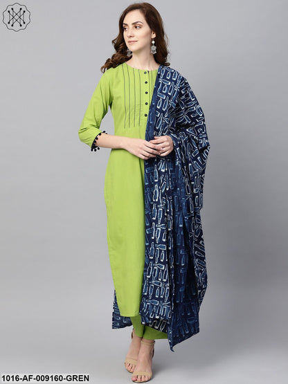 Lime Green Kurta Set With Pants & Mul Printed Dupatta