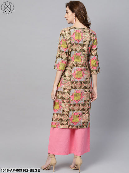 Beige Multi Colored Straight Kurta Set With Solid Light Pink Pants
