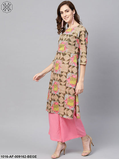 Beige Multi Colored Straight Kurta Set With Solid Light Pink Pants