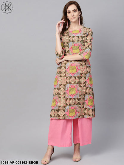 Beige Multi Colored Straight Kurta Set With Solid Light Pink Pants