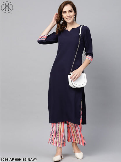 Navy Blue 3/4Th Sleeve Kurta Set With Printed Palazzo
