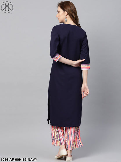 Navy Blue 3/4Th Sleeve Kurta Set With Printed Palazzo