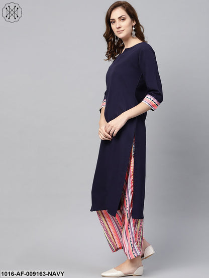 Navy Blue 3/4Th Sleeve Kurta Set With Printed Palazzo