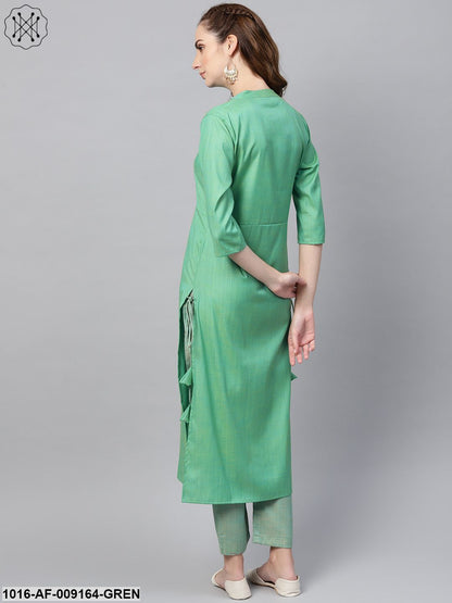 Turquoise Green Straight 3/4Th Sleeve Cotton Kurta Set With Pants