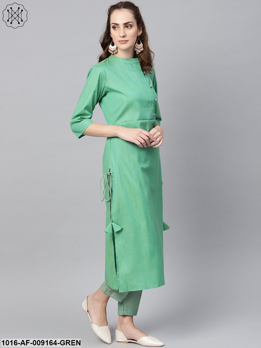 Turquoise Green Straight 3/4Th Sleeve Cotton Kurta Set With Pants