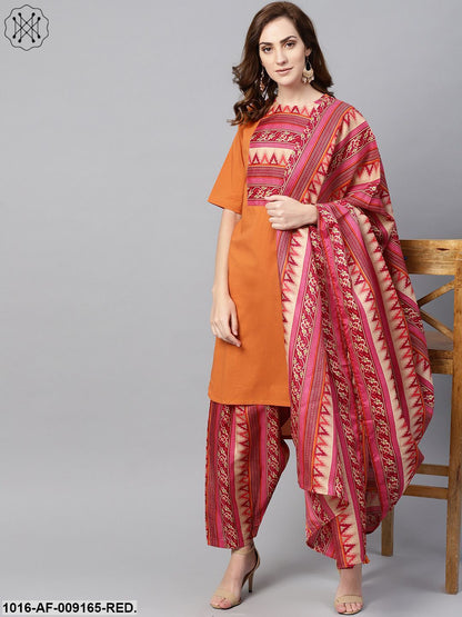 Red Half Sleeve Printed Cotton Kurta With Printed Palazzo And Dupatta