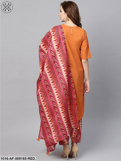 Red Half Sleeve Printed Cotton Kurta With Printed Palazzo And Dupatta