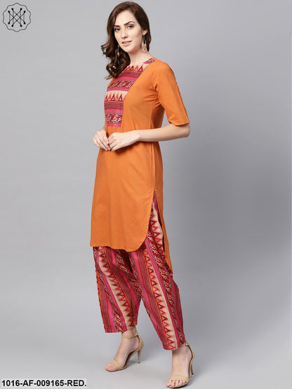 Red Half Sleeve Printed Cotton Kurta With Printed Palazzo And Dupatta