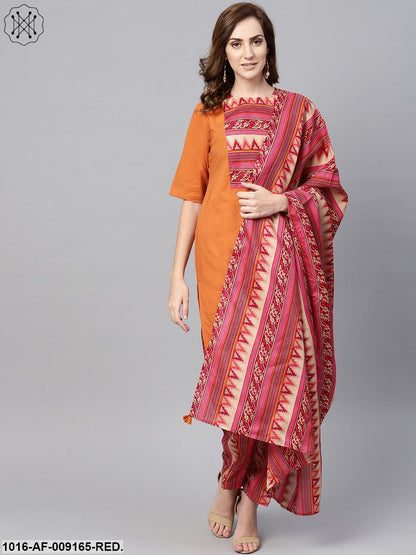 Red Half Sleeve Printed Cotton Kurta With Printed Palazzo And Dupatta