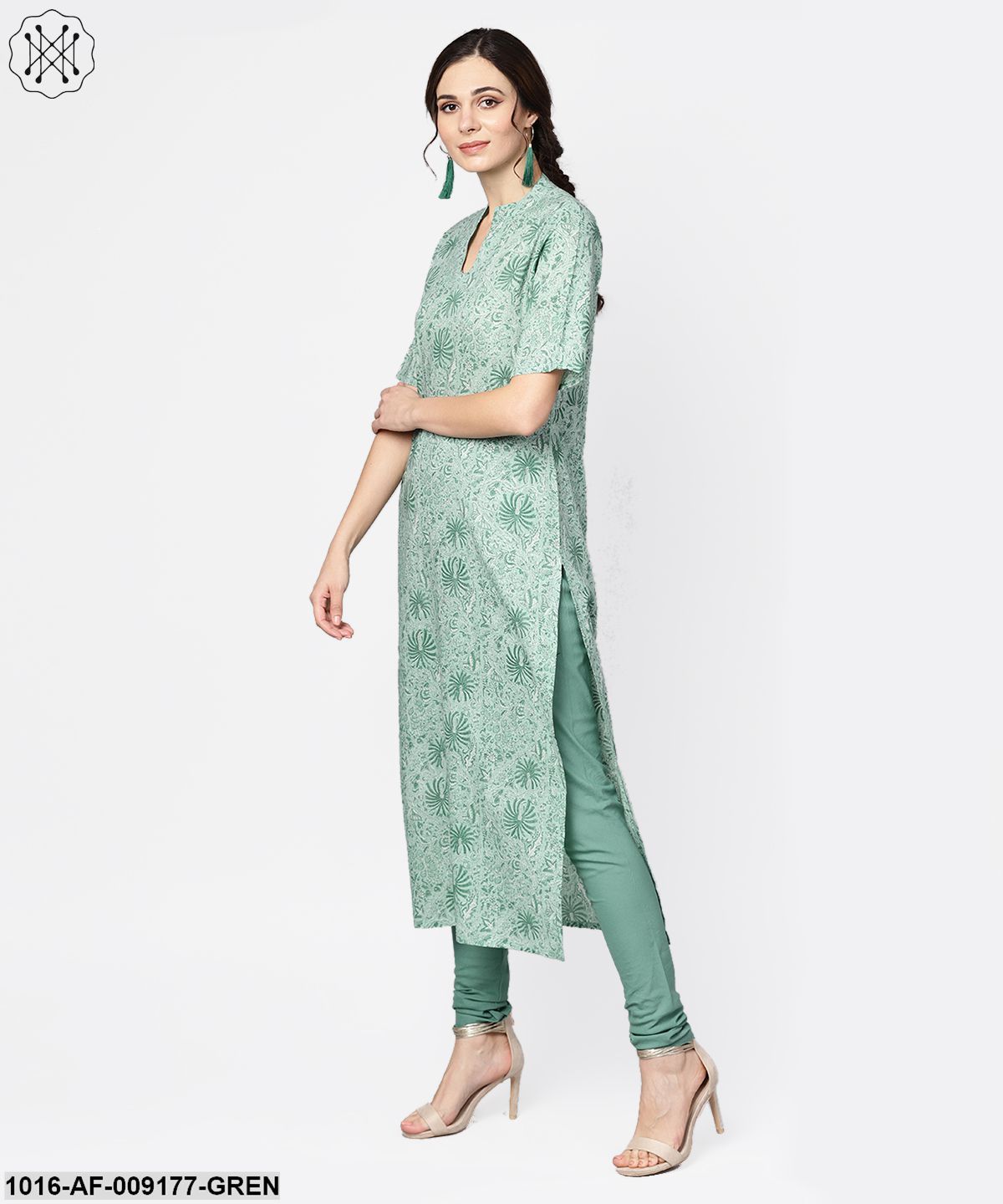 Pastel Green Kurta With Stand Collar & 3/4 Sleeves With Churidar